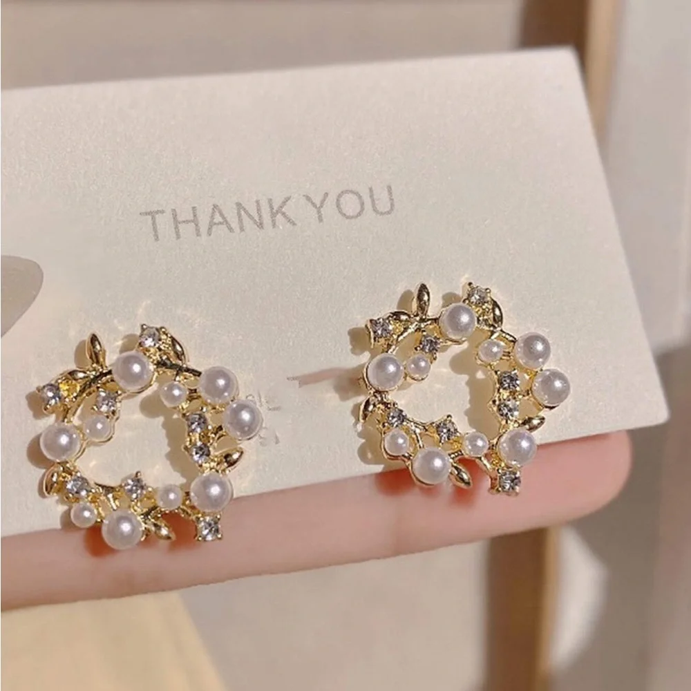 Faux Pearl and Diamond Floral Wreath Earrings
